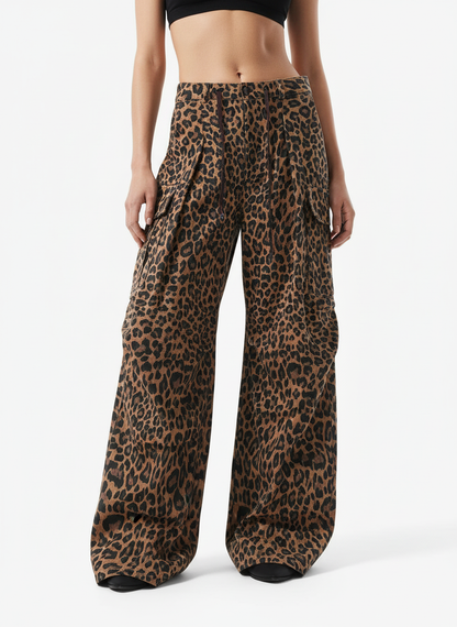 Retro Leopard Print Pleated Pocket Casual Pants