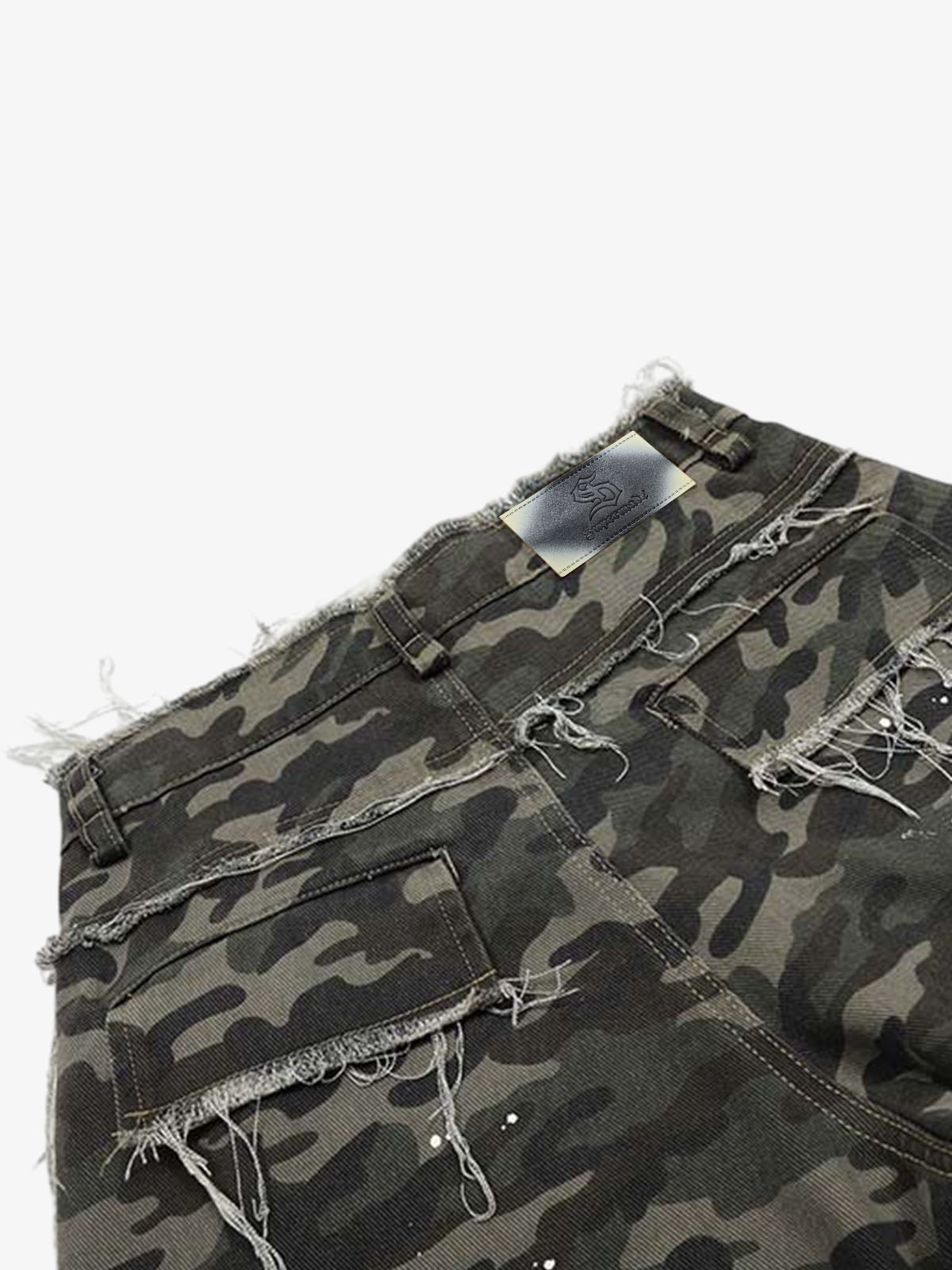 Denim Camouflage Cargo Shorts with Ripped Details and Patch Pockets?