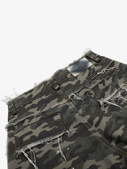 Denim Camouflage Cargo Shorts with Ripped Details and Patch Pockets?