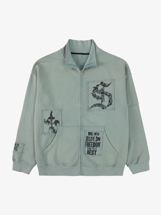 Cotton Blend Patchwork Bomber Jacket with Graphic Embroidery and Zipper Closure?