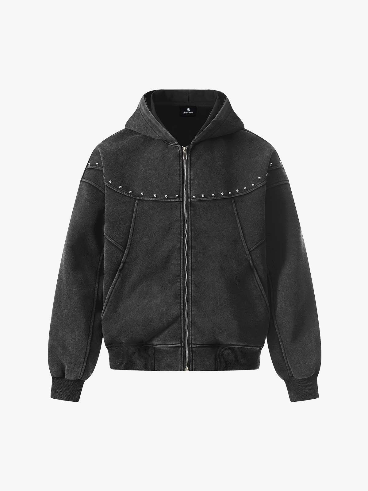 Rivet Detail Fleece Zip Up Hoodie