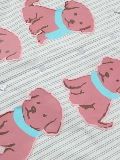 Cotton Pique Dog Print Long Sleeve Shirt for Men - Fun Animal Pattern Casual Button Down Top 