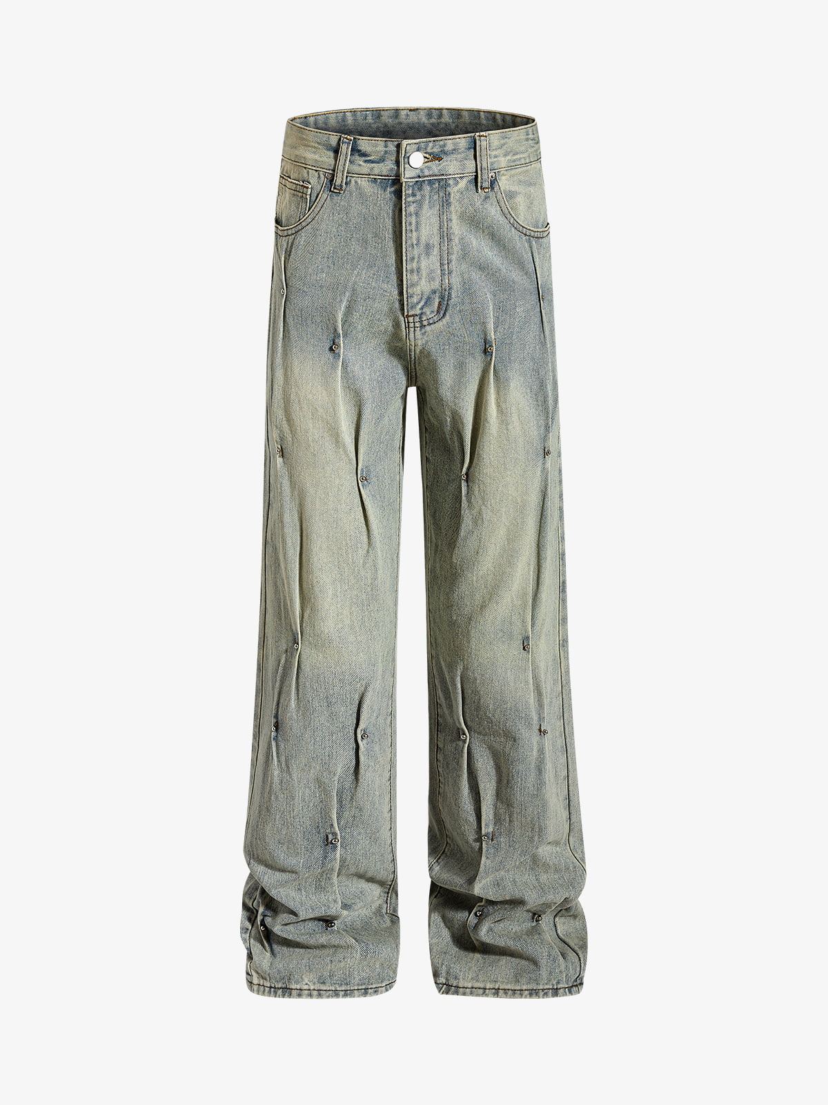 Denim Wide Leg Pants with Distressed Wash and Metal Studs?
