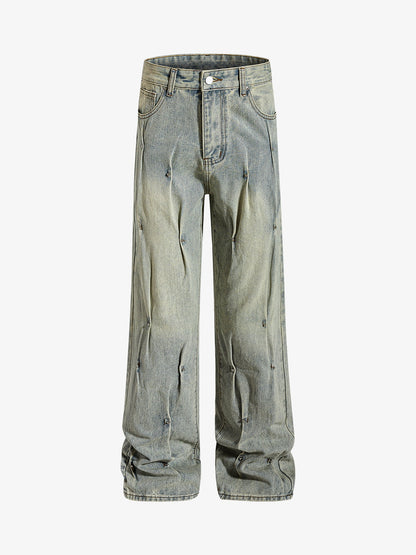 Denim Wide Leg Pants with Distressed Wash and Metal Studs?
