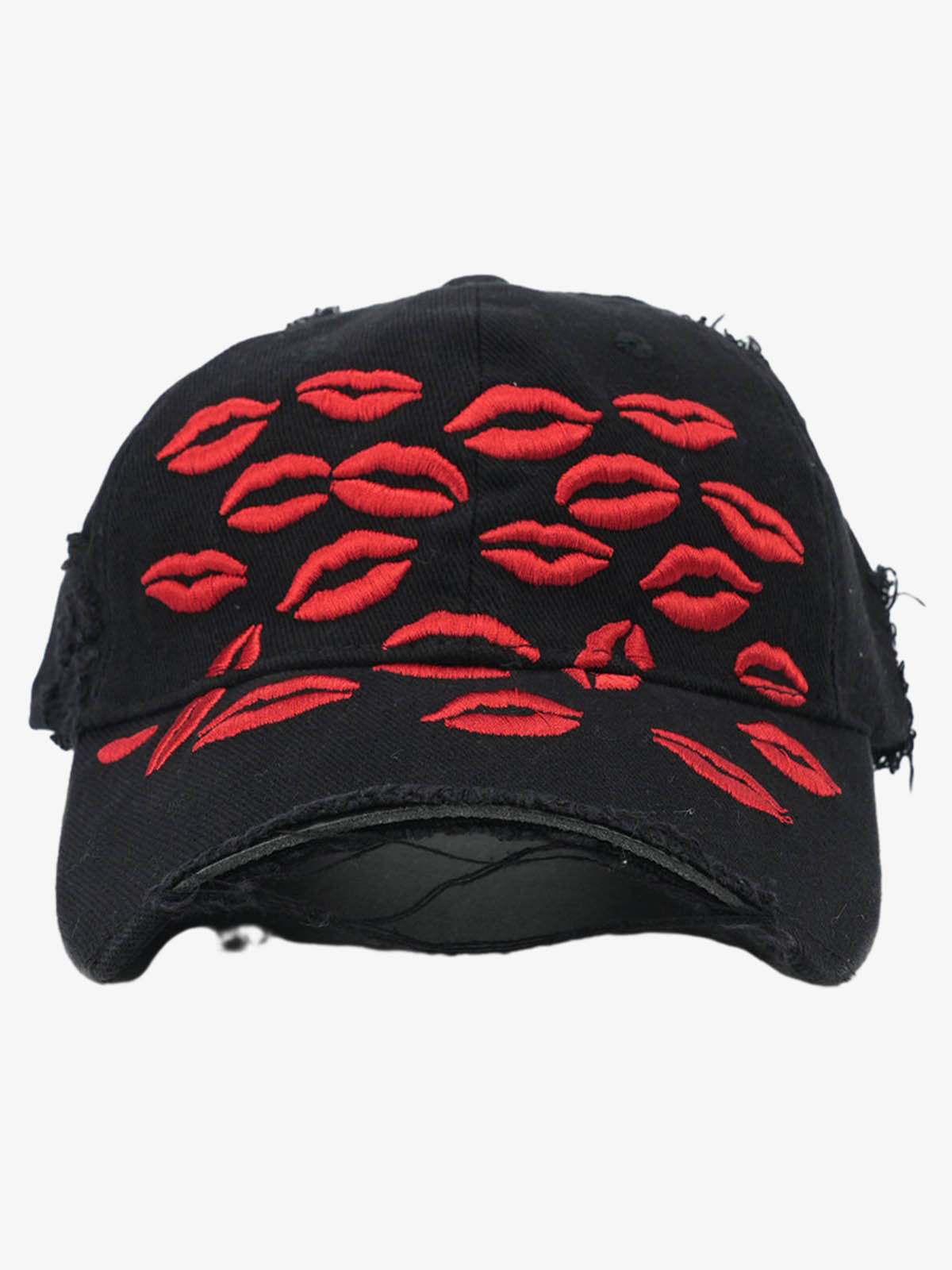 Cotton Distressed Baseball Cap with Red Lip Embroidery - Vintage Style Women's Hat?