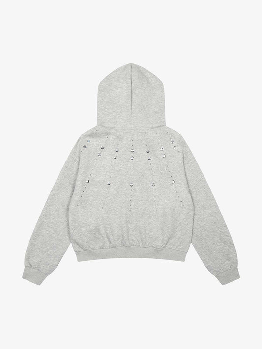 Cotton Blend Rhinestone Embellished Hoodie Jacket for Women - Zip-Up Crop Top with Pockets 