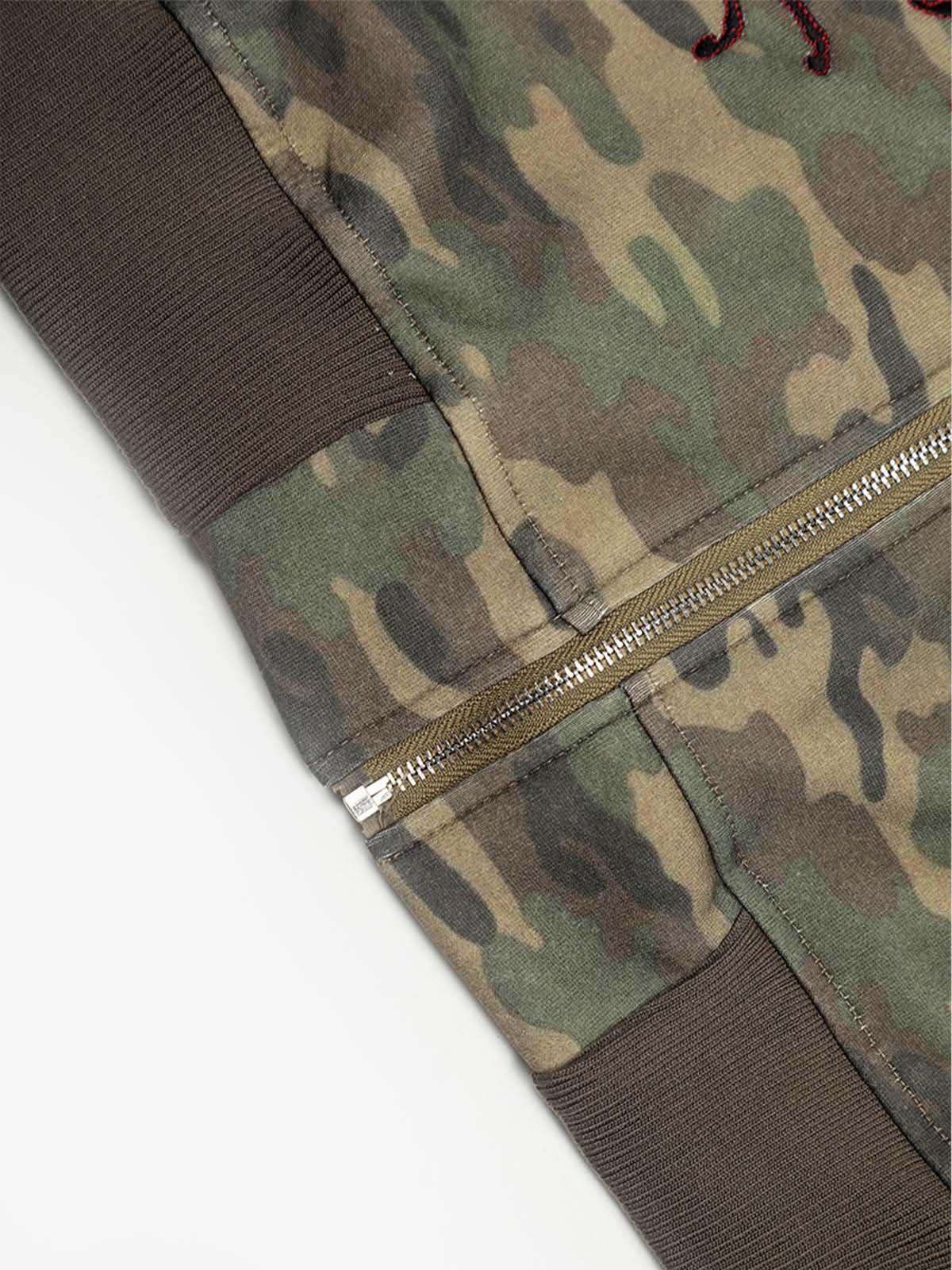 Camouflage Hooded Jacket with Embroidered Details and Striped Sleeves 