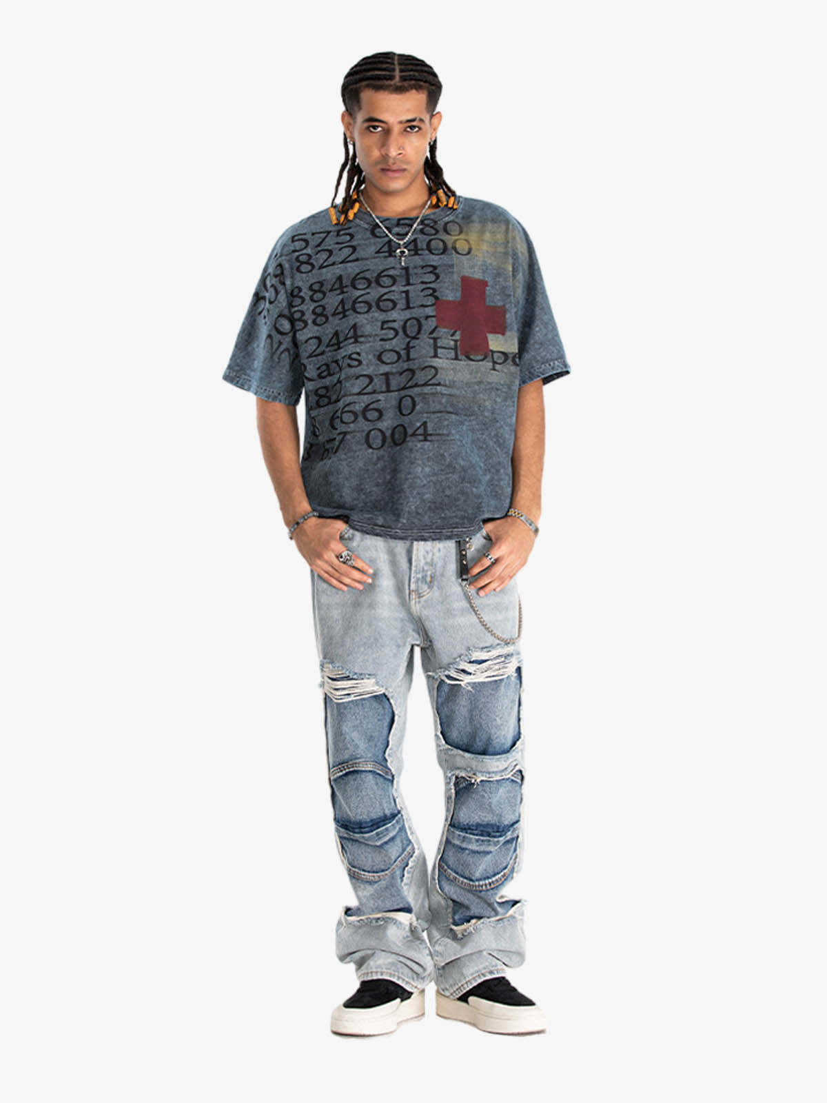 300G Jade Pattern Dyeing Cotton T-Shirt Oversized Streetwear Graphic Tee with Number Print and Red Cross Design?