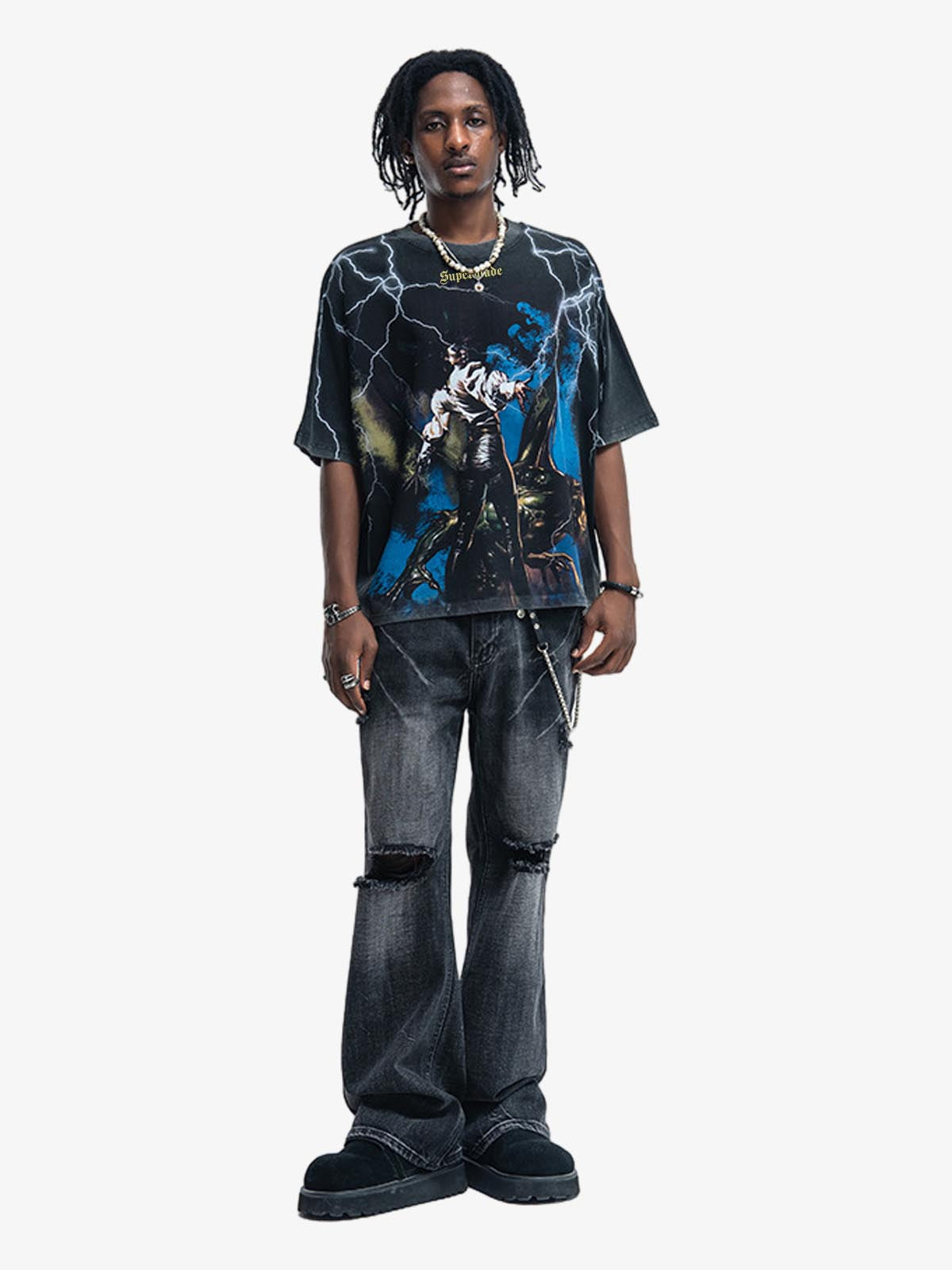 300G Jade Pattern Dyed Cotton T-Shirt with Lightning Graphic Print Oversized Streetwear Tee?