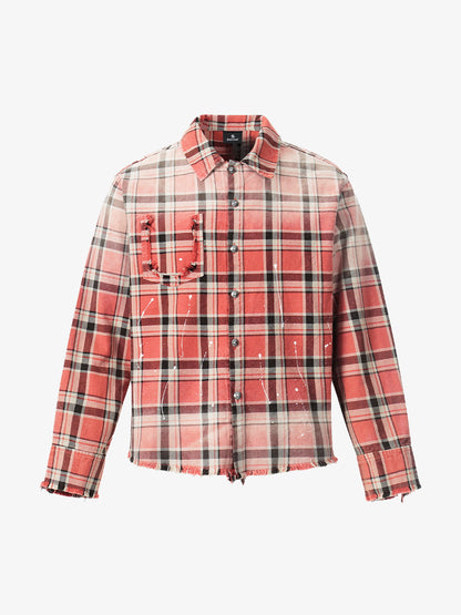 Cotton Plaid Shirt with Paint Splatter Design, Distressed Hem and Pockets, Casual Men's Long Sleeve Button-Up Jacket 