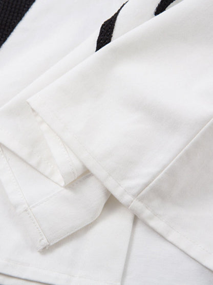 Cotton Blend Short Sleeve Shirt with Black Flame Print Long Sleeve Insert, Stylish Contrast Design for Men and Women?