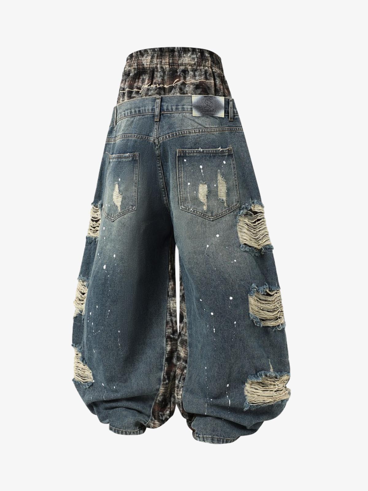 Denim Patchwork Wide Leg Pants with Drawstring Waist and Distressed Details 