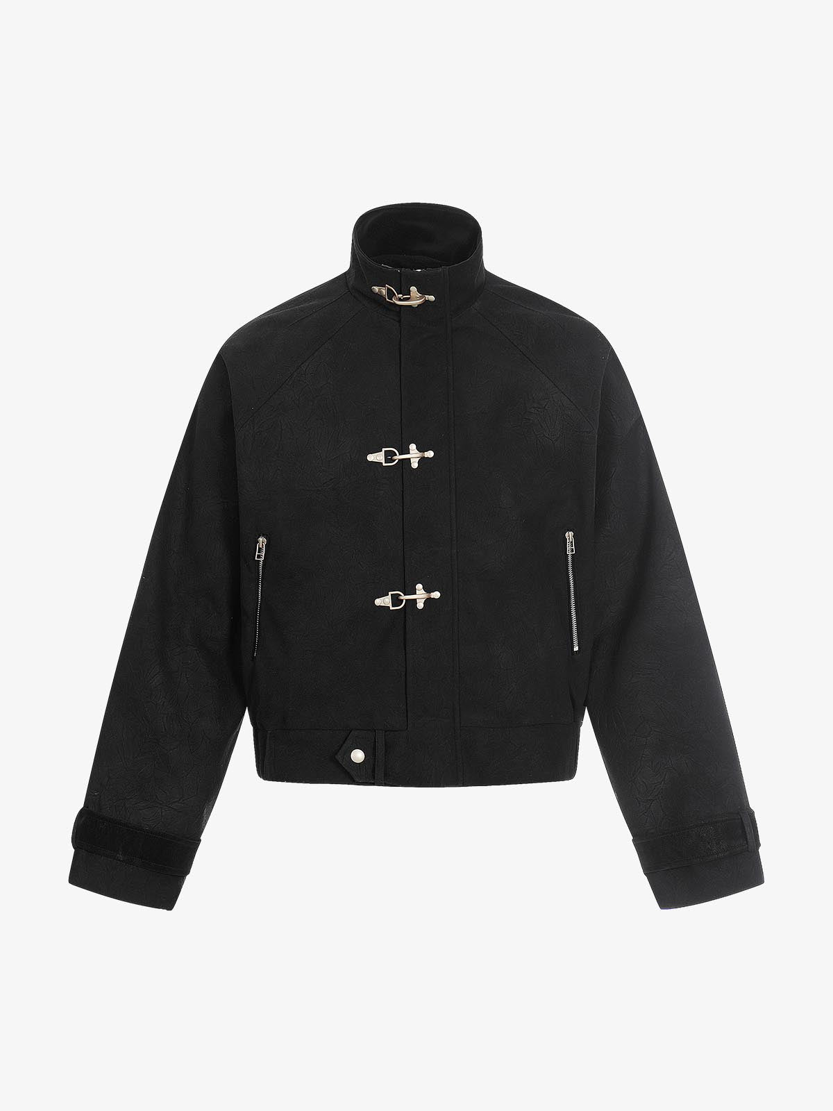 Textured Faux Leather Stand Collar Metal Buckle Jacket