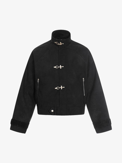 Textured Faux Leather Stand Collar Metal Buckle Jacket