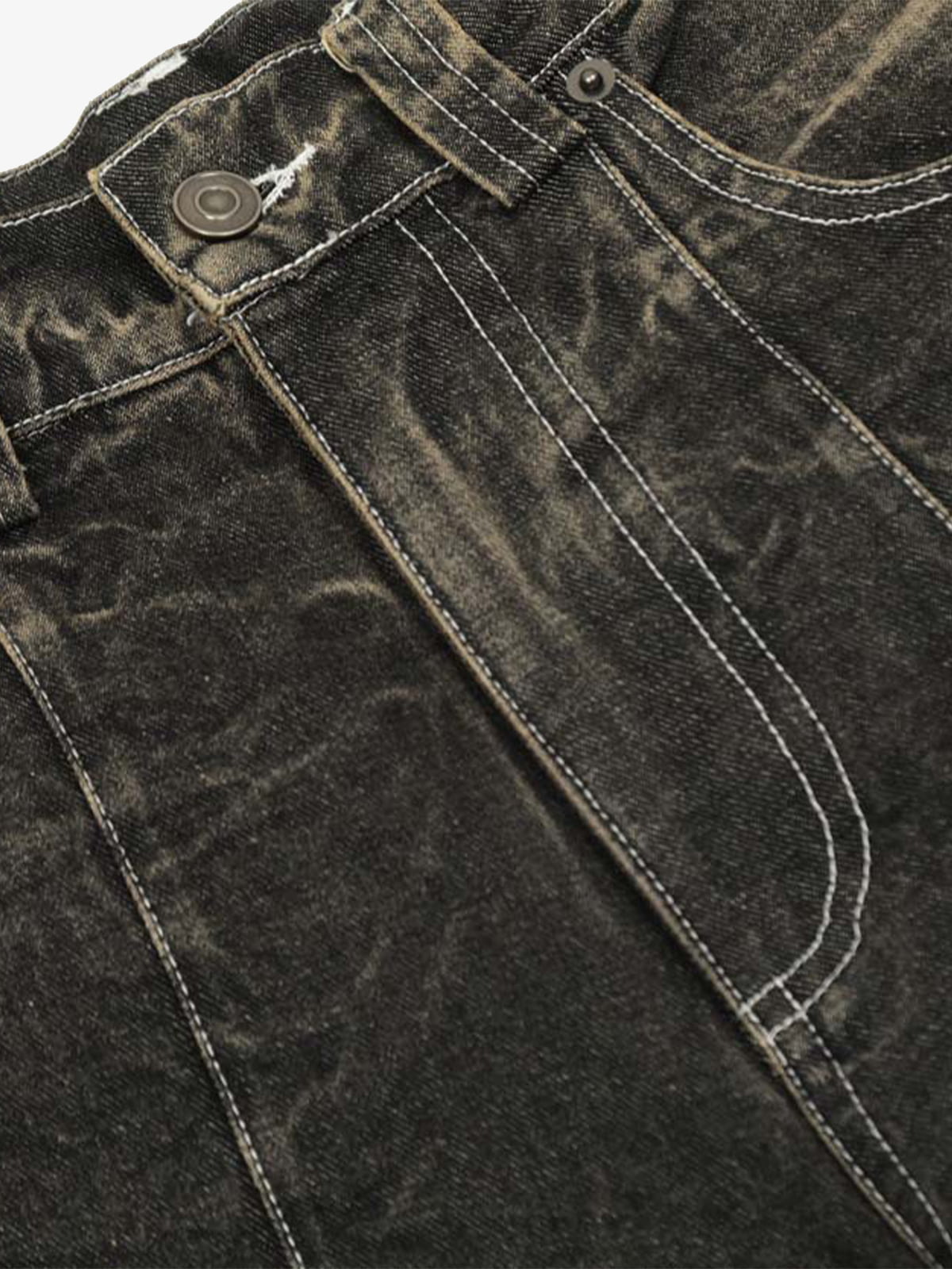 Washed Black Denim Wide Leg Jeans with Distressed Texture for Men 