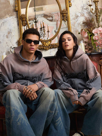 Supermade Vintage Distressed Studded Gothic Font Zipper Sweatshirt?