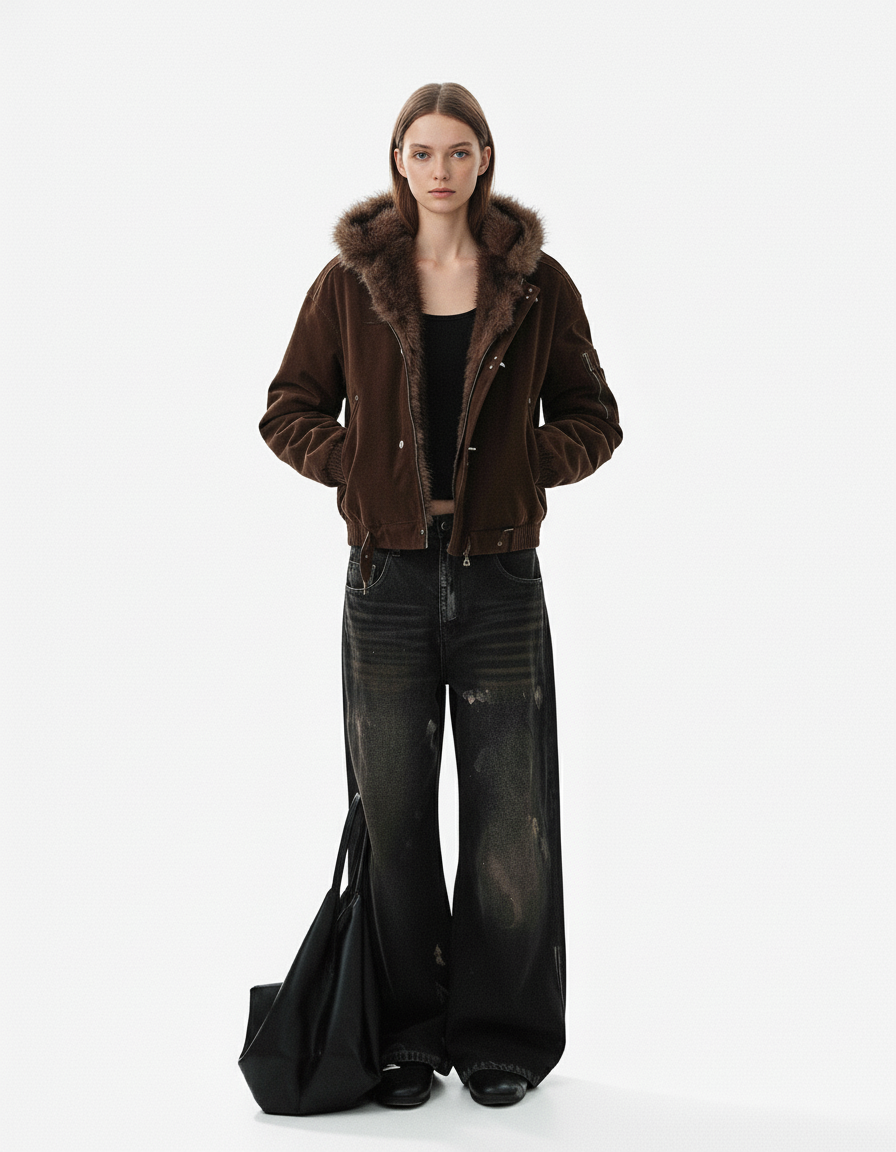 Fur Collar Suede Toggle Closure Padded Bomber Jacket
