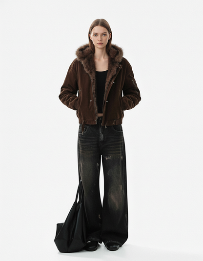 Fur Collar Suede Toggle Closure Padded Bomber Jacket