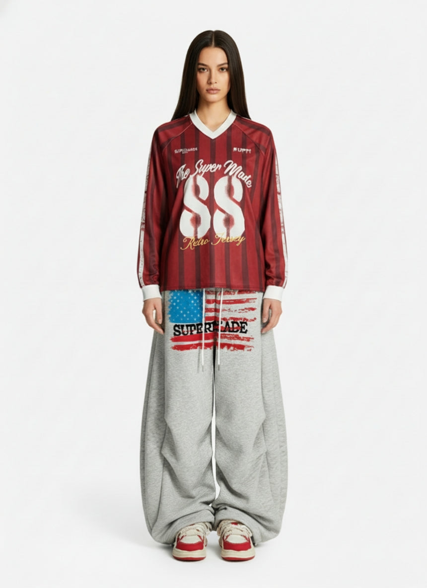 Retro Striped 88 Print Graphic Jersey Long-Sleeved T-Shirt