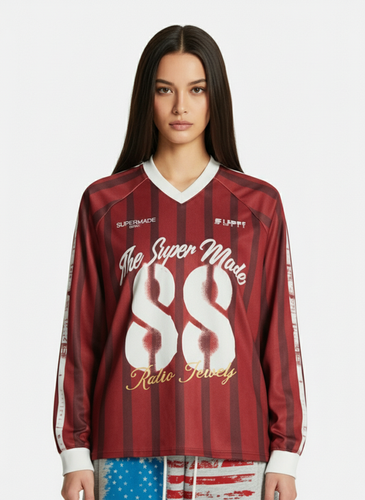 Retro Striped 88 Print Graphic Jersey Long-Sleeved T-Shirt