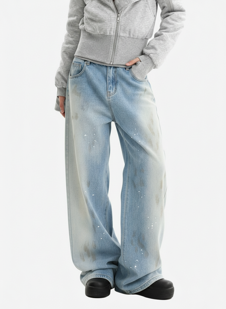 Vintage Heavy Splatter Washed Denim Wide Leg Jeans