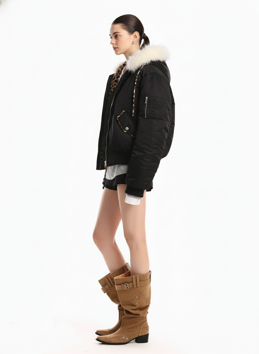 Retro Fur Collar Leopard Lined Bomber Jacket