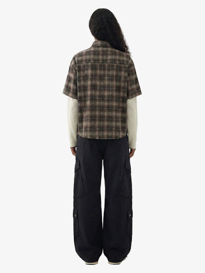 Cotton Street Distressed Plaid Faux Two-Piece Shirt