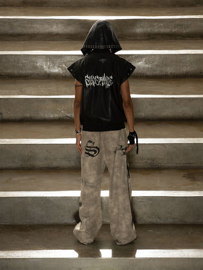 Thorn Destruction Frame Pattern Leather Vest 