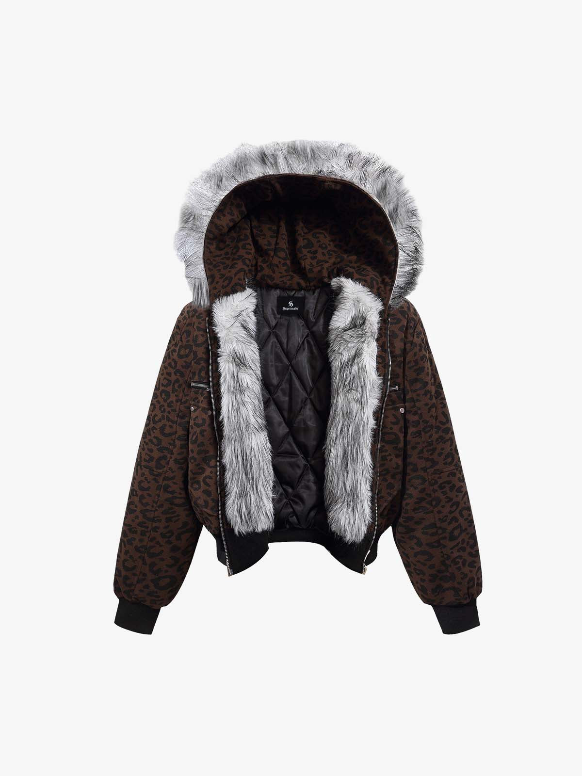Retro Faux Fur Trimmed Hood Leopard Print Bomber Jacket 