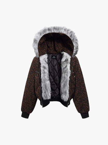 Retro Faux Fur Trimmed Hood Leopard Print Bomber Jacket 