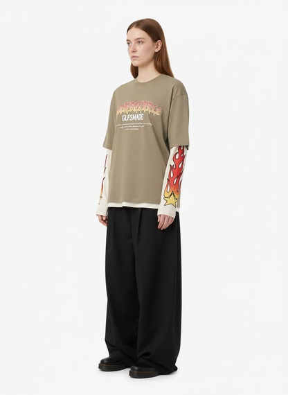 Gradient Letter Print Patchwork Faux Two-Piece Long-Sleeved T-Shirt