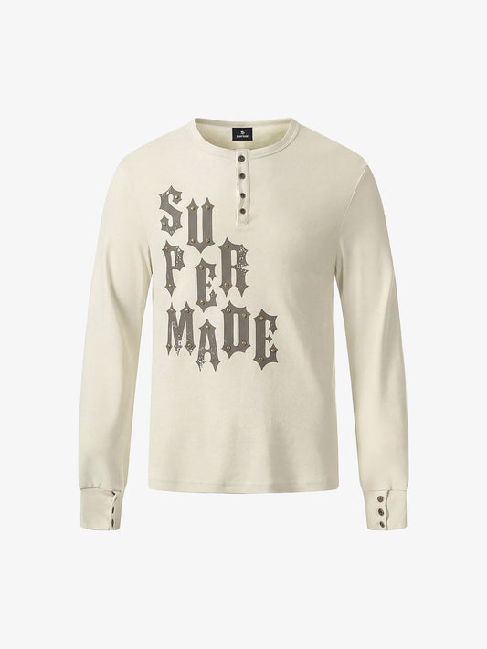 Cotton Long Sleeve Henley Shirt with Supermade Graphic Print?