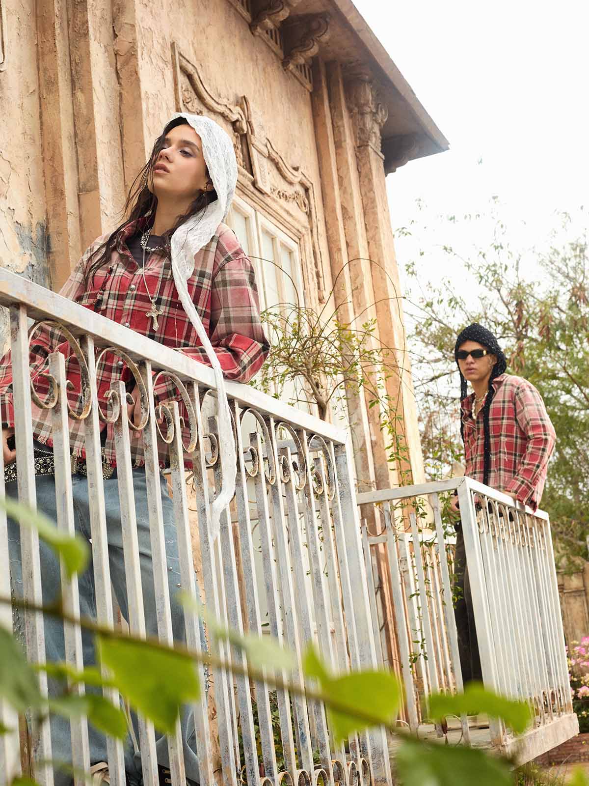 Cotton Plaid Shirt with Paint Splatter Design, Distressed Hem and Pockets, Casual Men's Long Sleeve Button-Up Jacket 