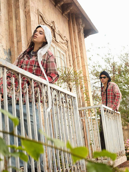 Cotton Plaid Shirt with Paint Splatter Design, Distressed Hem and Pockets, Casual Men's Long Sleeve Button-Up Jacket 