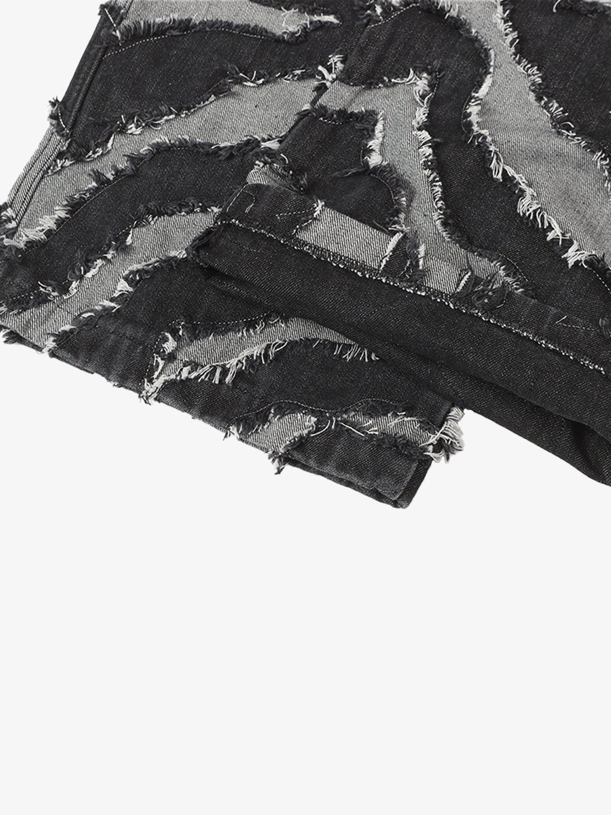 Frayed Zebra Striped Patchwork Wide Leg Jeans 