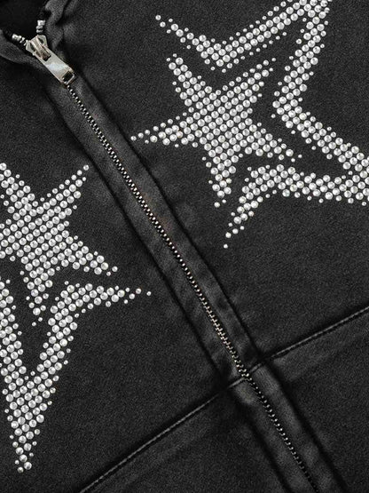 Vintage Washed Symmetrical Star Rhinestone Zip-Up Hoodie