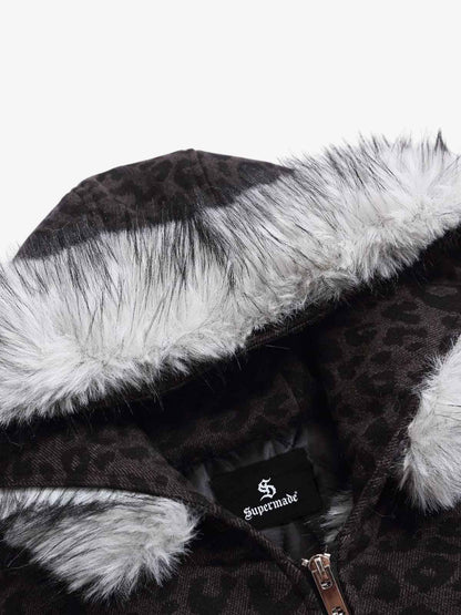 Retro Faux Fur Trimmed Hood Leopard Print Bomber Jacket 