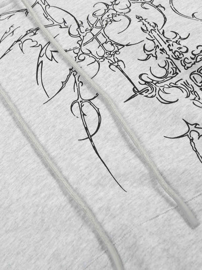 Floral Line Art Studded Pocket Hoodie