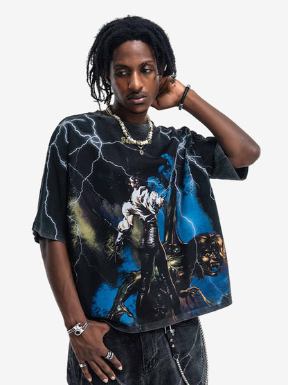 300G Jade Pattern Dyed Cotton T-Shirt with Lightning Graphic Print Oversized Streetwear Tee?