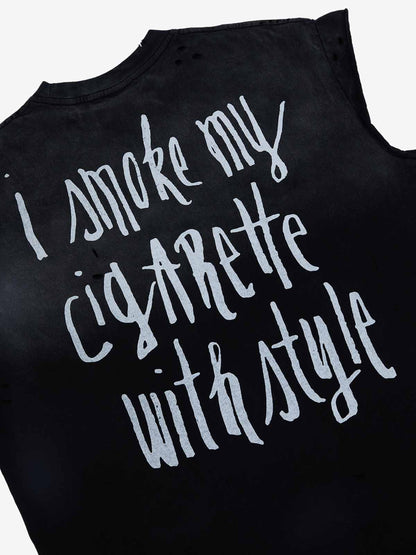 Cotton Ripped Sleeveless Tank Top with Frayed Hem and Cut-Out Details for Edgy Streetwear Style 