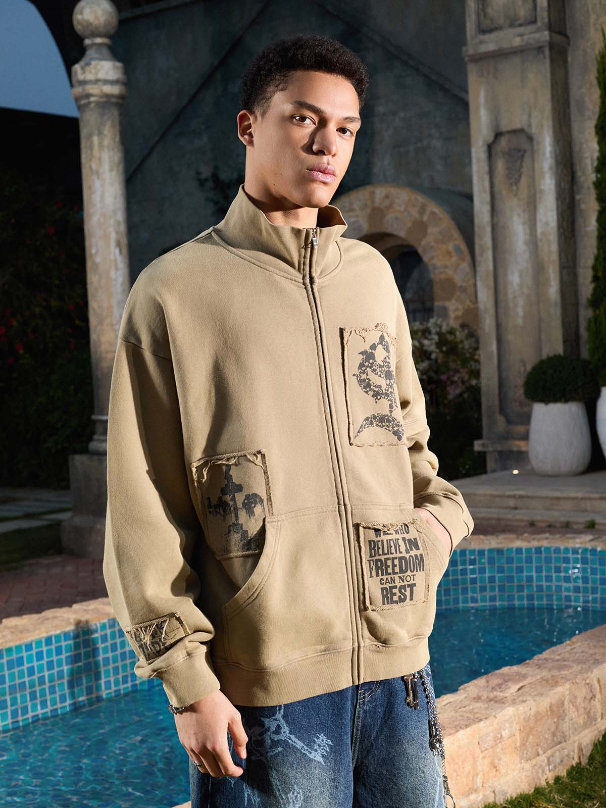 Cotton Blend Patchwork Bomber Jacket with Graphic Embroidery and Zipper Closure?