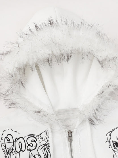 Retro Plush Collar Cartoon Anime Zip-Up Hoodie 