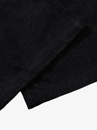 Black Denim Wide-Leg Cropped Pants with Leather Panels and Stud Details?