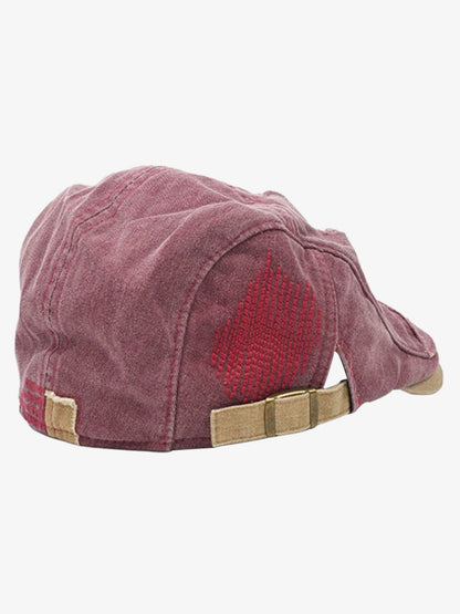 Cotton Denim Patchwork Flat Cap with Embroidered Red Panel and Distressed Details?