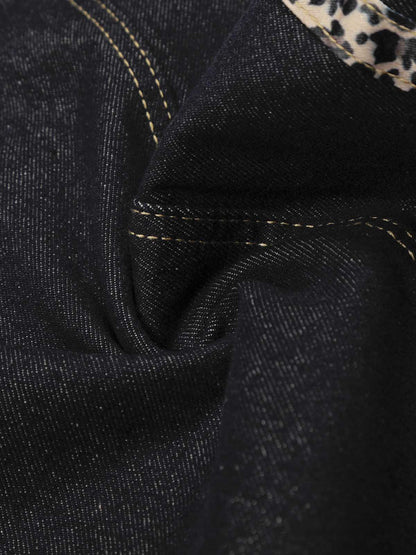 Denim Leopard Print Wide Leg Trousers with Belted Waist and Side Stripes 