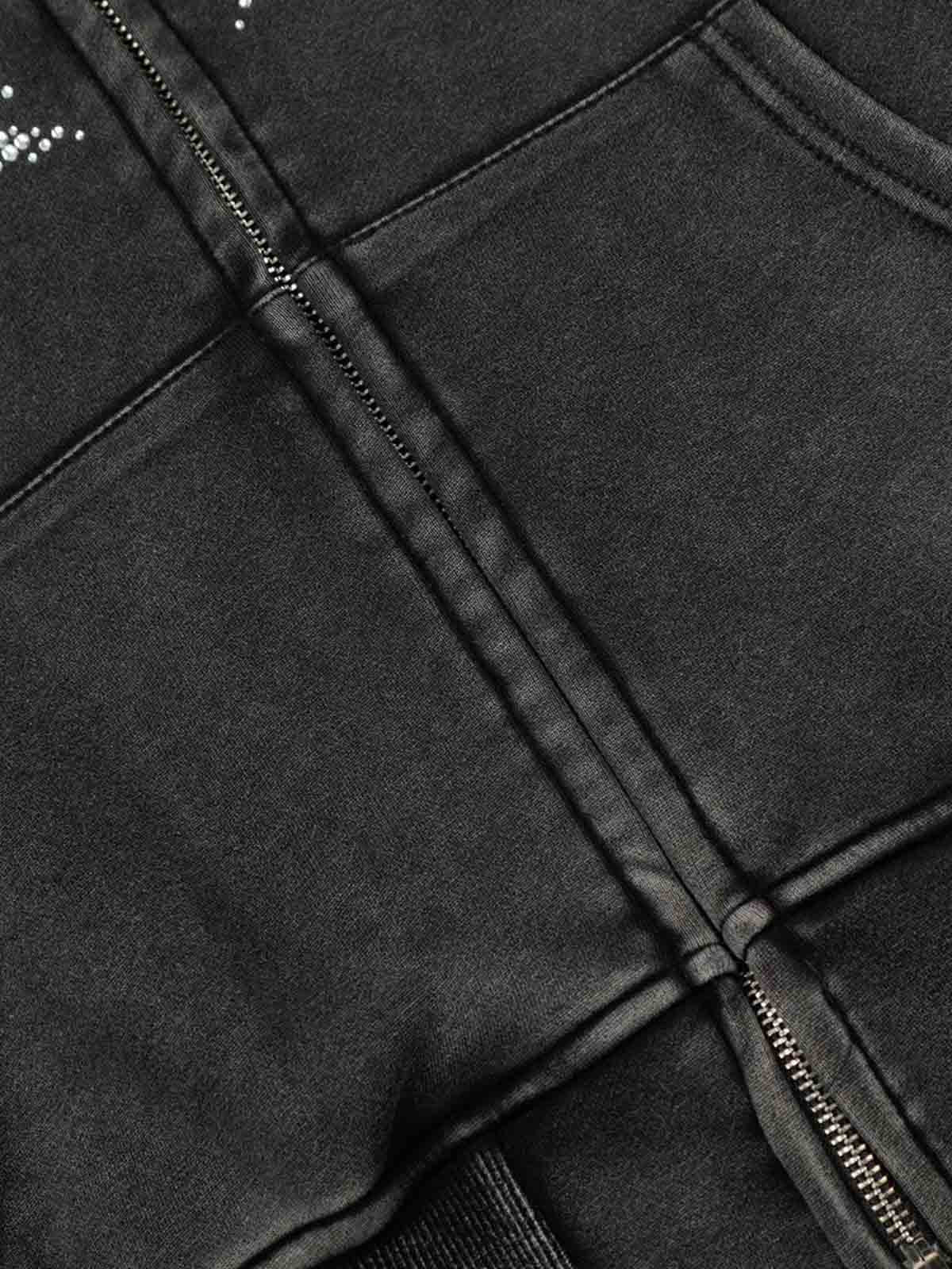 Vintage Washed Symmetrical Star Rhinestone Zip-Up Hoodie