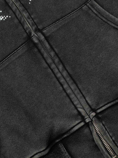 Vintage Washed Symmetrical Star Rhinestone Zip-Up Hoodie
