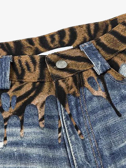 Denim Wide Leg Jeans with Tiger Print Patchwork and Ripped Details?
