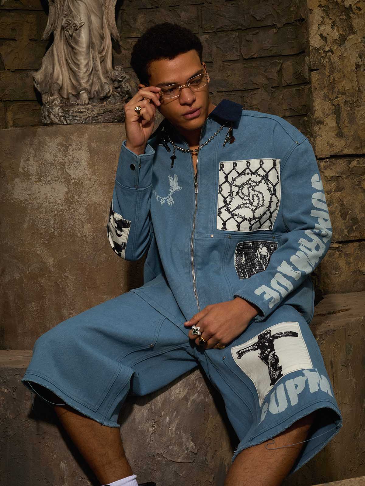 Supermade Multi-Element Appliqu¨¦ Patchwork Denim Suit?