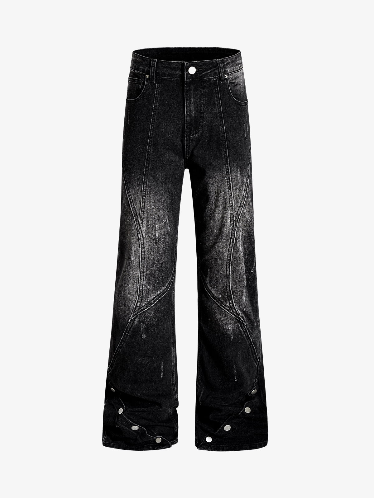 Black Denim Wide-Leg Jeans with Asymmetric Stitching and Button Details?